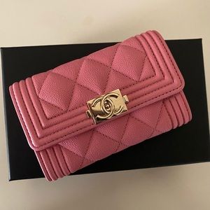 CHANEL boy card holder Pink Caviar Gold HW